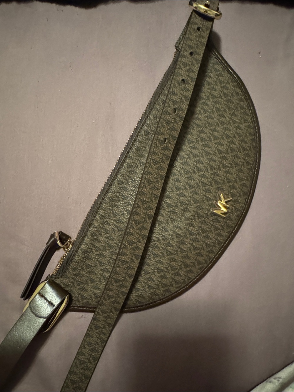 Michael Kors Olive/Brown Monogram Crescent Belt Bag with Gold Hardware